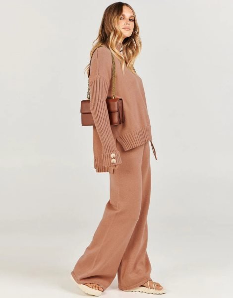 Women's Two Piece Outfits Sweater Sets Long Sleeve Knit Pullover and Wide Leg Pants Lounge Sets