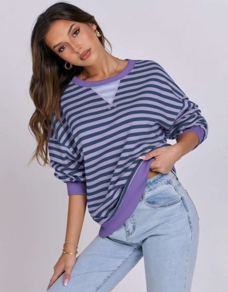 Women Striped Oversized Sweatshirt Long Sleeve Crewneck Shirts 2024 Fall Fashion Pullover Sweater Trendy Clothes