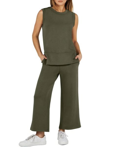 Women's 2 Piece Sets Summer Outfits Sleeveless Wide Leg Tracksuits Casual Sweat Sets Lounge Sweatsuits