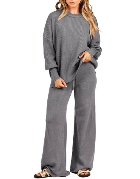 Women 2 Piece Outfits Sweatsuit Oversized Sweater Set & Wide Leg Pants Fall Chunky Lounge Set