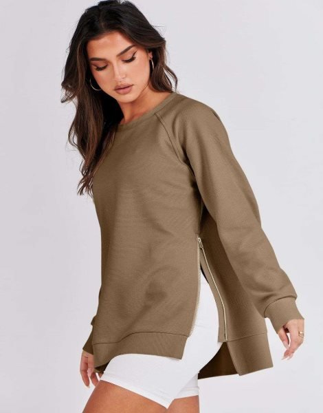 Women's Sweatshirts Long Sleeve Tunic Tops Crew Neck Soft Pullover With Side Zipper Shirt Clothes 2023