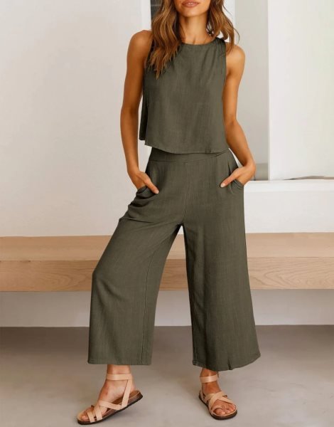 Sleeveless Tank Crop Button Back Top Cropped Pants Set With Pockets