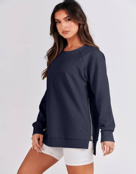 Women's Sweatshirts Long Sleeve Tunic Tops Crew Neck Soft Pullover With Side Zipper Shirt Clothes 2023