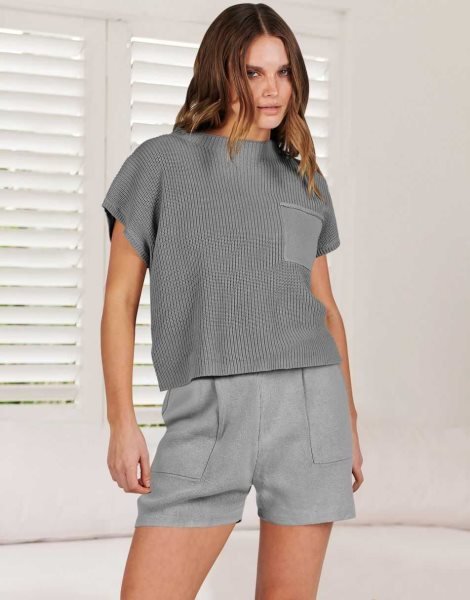 Women's Two Piece Outfits Sweater Short Sets Knit Pullover Tops and Shorts Lounge Set Tracksuit