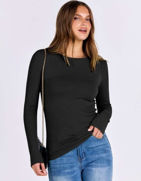 Women Long Sleeve Crewneck Rib Knit Slim Fit Shirts Basic Tee Tops 2024 Casual T-Shirt Going Out Workout Outfits