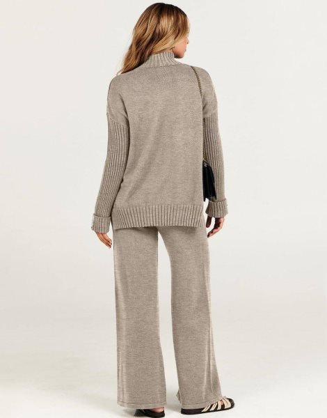 Women's Two Piece Outfits Sweater Sets Long Sleeve Knit Pullover and Wide Leg Pants Lounge Sets