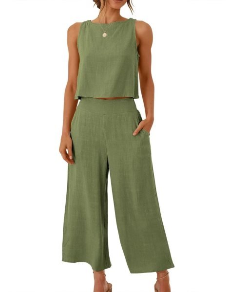 Sleeveless Tank Crop Button Back Top Cropped Pants Set With Pockets