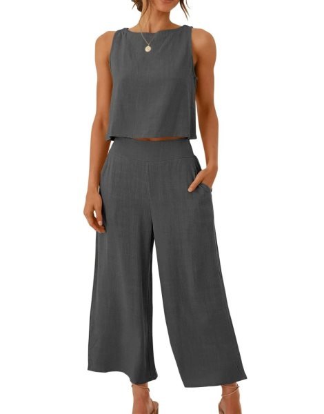Sleeveless Tank Crop Button Back Top Cropped Pants Set With Pockets