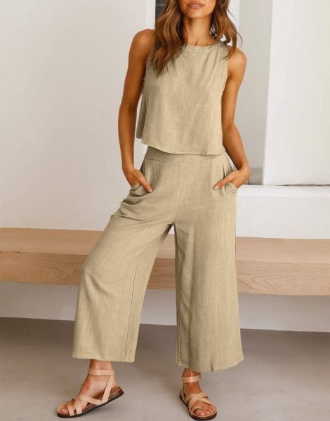 Sleeveless Tank Crop Button Back Top Cropped Pants Set With Pockets
