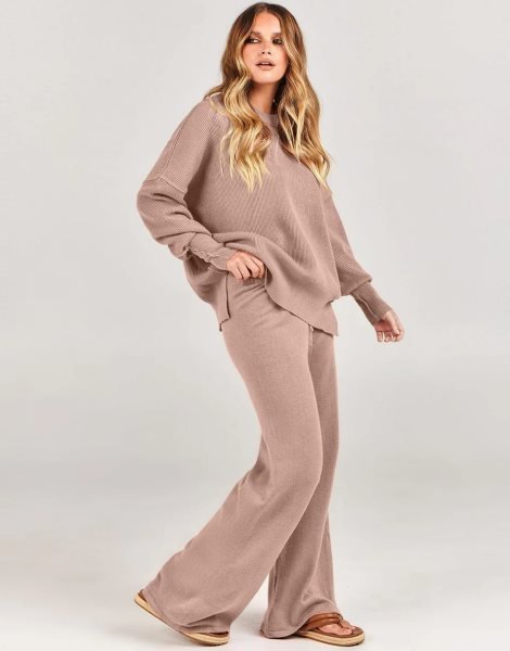 Women 2 Piece Outfits Sweatsuit Oversized Sweater Set & Wide Leg Pants Fall Chunky Lounge Set