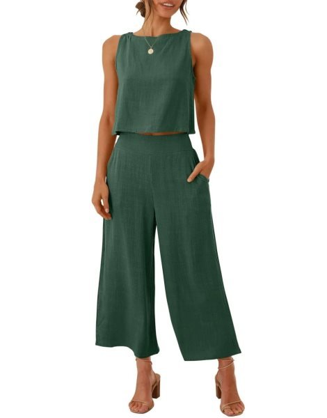Sleeveless Tank Crop Button Back Top Cropped Pants Set With Pockets