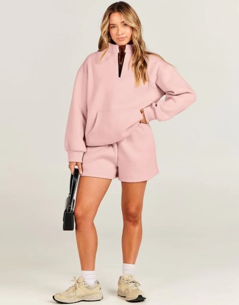 Sweatsuit Oversized Half Zip Collared Sweatshirt & Short Lounge Wear Tacksuit Set