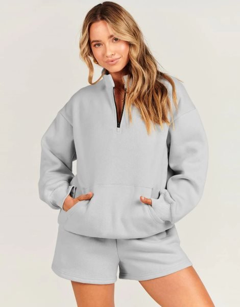 Sweatsuit Oversized Half Zip Collared Sweatshirt & Short Lounge Wear Tacksuit Set