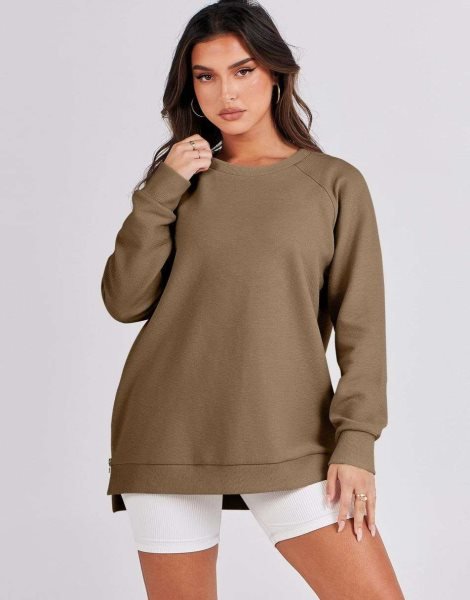 Women's Sweatshirts Long Sleeve Tunic Tops Crew Neck Soft Pullover With Side Zipper Shirt Clothes 2023