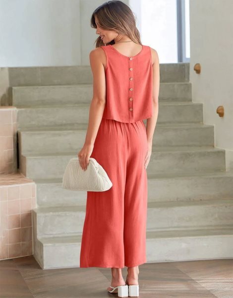 Sleeveless Tank Crop Button Back Top Cropped Pants Set With Pockets
