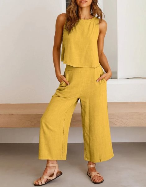 Sleeveless Tank Crop Button Back Top Cropped Pants Set With Pockets