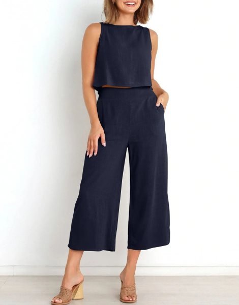 Sleeveless Tank Crop Button Back Top Cropped Pants Set With Pockets