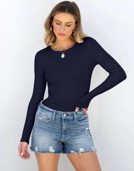 Women Long Sleeve Crewneck Rib Knit Slim Fit Shirts Basic Tee Tops 2024 Casual T-Shirt Going Out Workout Outfits
