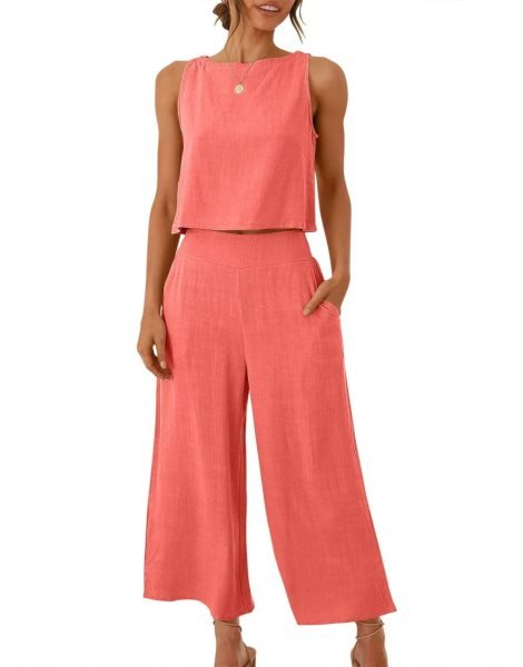 Sleeveless Tank Crop Button Back Top Cropped Pants Set With Pockets