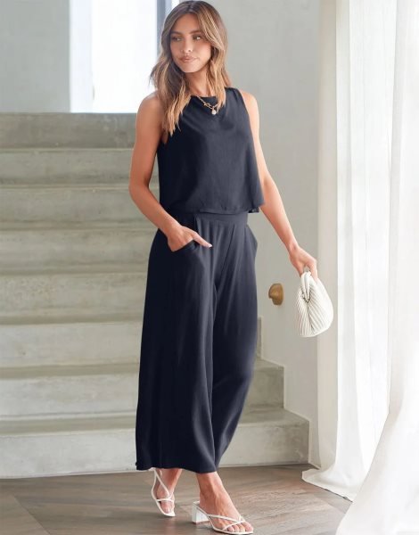 Sleeveless Tank Crop Button Back Top Cropped Pants Set With Pockets