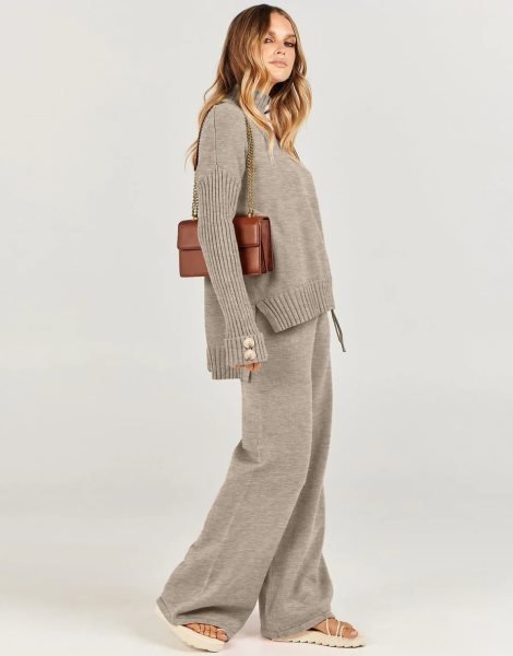 Women's Two Piece Outfits Sweater Sets Long Sleeve Knit Pullover and Wide Leg Pants Lounge Sets