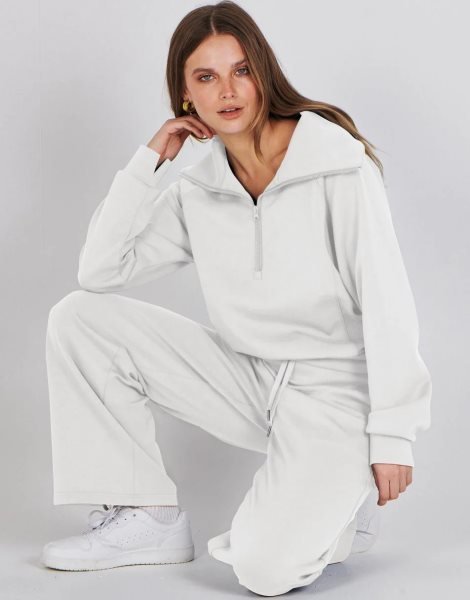 Women 2 Piece Outfits Sweatsuit Set 2023 Fall Oversized Half Zip Sweatshirt Wide Leg Sweatpant Lounge Set Tracksuit