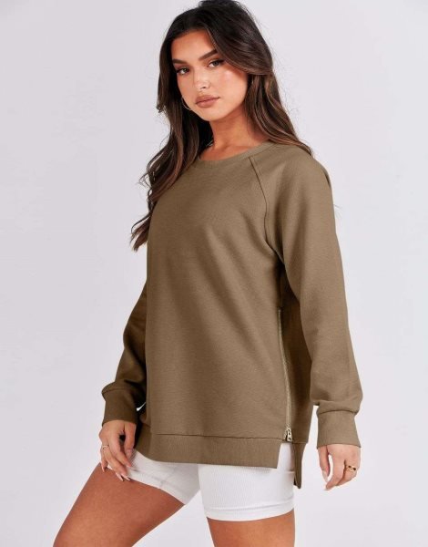 Women's Sweatshirts Long Sleeve Tunic Tops Crew Neck Soft Pullover With Side Zipper Shirt Clothes 2023