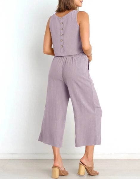 Sleeveless Tank Crop Button Back Top Cropped Pants Set With Pockets