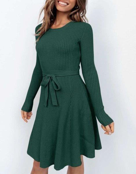 Women's Crewneck Long Sleeve Tie Waist A-Line Swing Bodycon Short Dress Casual Solid Ribbed Knit Sweater Dress