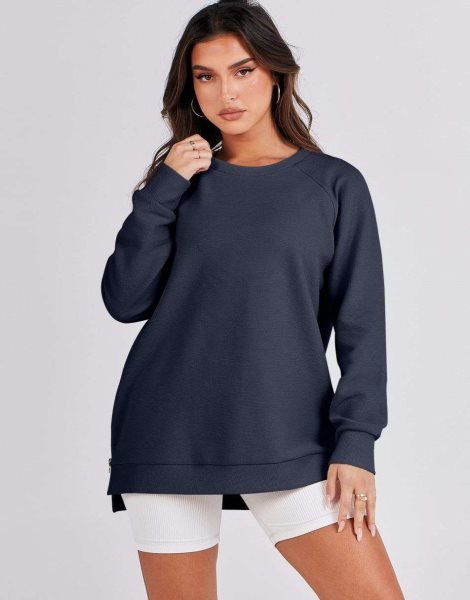 Women's Sweatshirts Long Sleeve Tunic Tops Crew Neck Soft Pullover With Side Zipper Shirt Clothes 2023