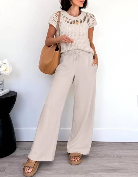 Women Two Piece Outfits Crochet Sheer Knit Sweater Top Wide Leg Pants Lounge Matching Sets Sweatsuit Travel Clothes
