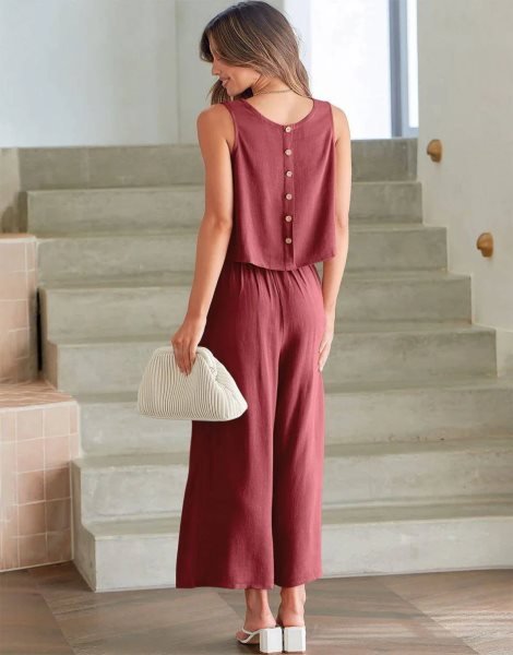 Sleeveless Tank Crop Button Back Top Cropped Pants Set With Pockets