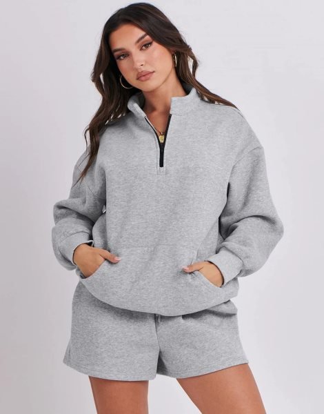 Sweatsuit Oversized Half Zip Collared Sweatshirt & Short Lounge Wear Tacksuit Set