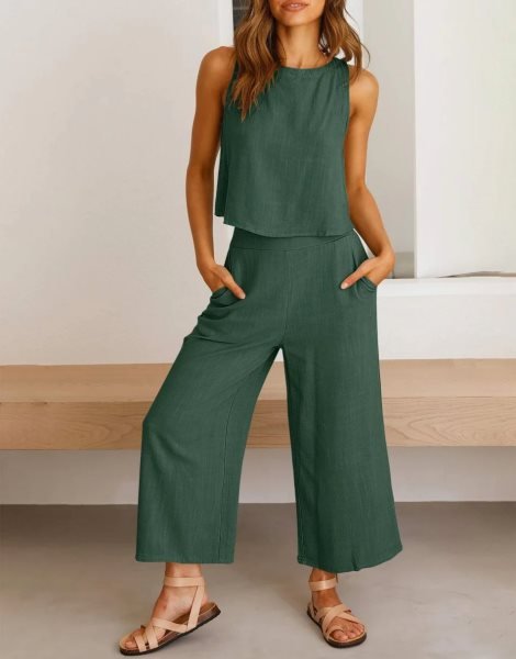 Sleeveless Tank Crop Button Back Top Cropped Pants Set With Pockets