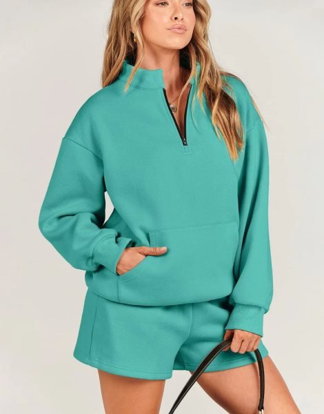 Sweatsuit Oversized Half Zip Collared Sweatshirt & Short Lounge Wear Tacksuit Set