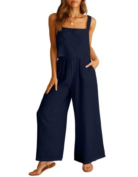 2 Piece Outfits Square Neck Sleeveless Tank Crop Top & Wide Leg Pants Lounge Set