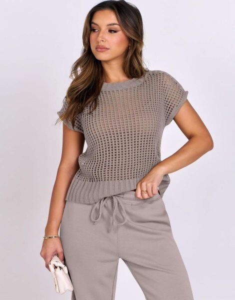 Women Two Piece Outfits Crochet Sheer Knit Sweater Top Wide Leg Pants Lounge Matching Sets Sweatsuit Travel Clothes