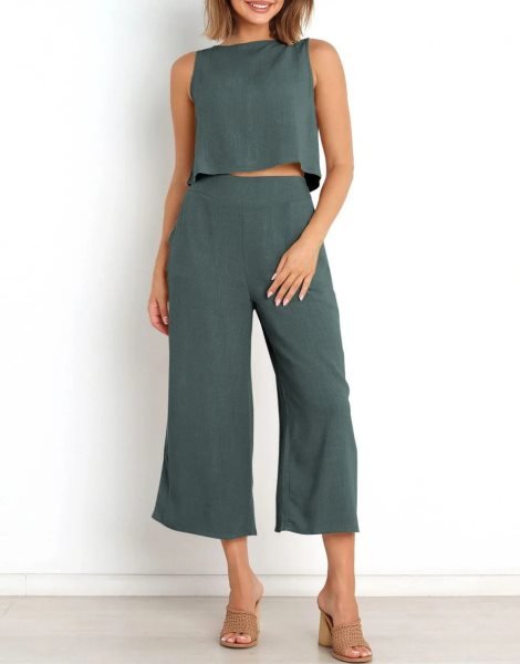 Sleeveless Tank Crop Button Back Top Cropped Pants Set With Pockets
