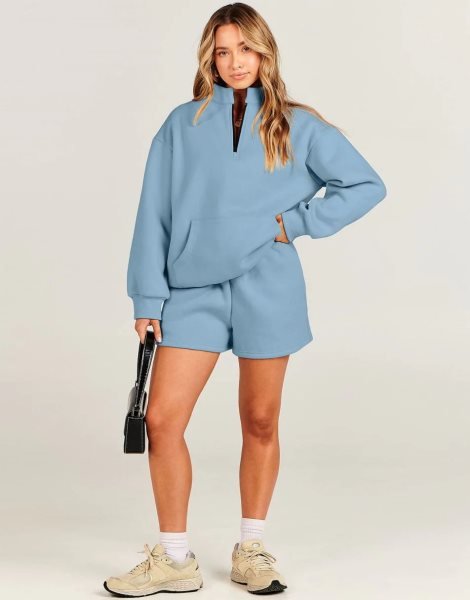 Sweatsuit Oversized Half Zip Collared Sweatshirt & Short Lounge Wear Tacksuit Set