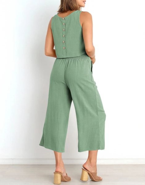 Sleeveless Tank Crop Button Back Top Cropped Pants Set With Pockets
