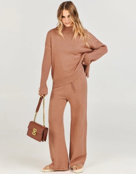 Women's Two Piece Outfits Sweater Sets Long Sleeve Knit Pullover and Wide Leg Pants Lounge Sets