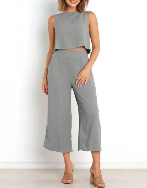 Sleeveless Tank Crop Button Back Top Cropped Pants Set With Pockets