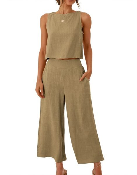 Sleeveless Tank Crop Button Back Top Cropped Pants Set With Pockets