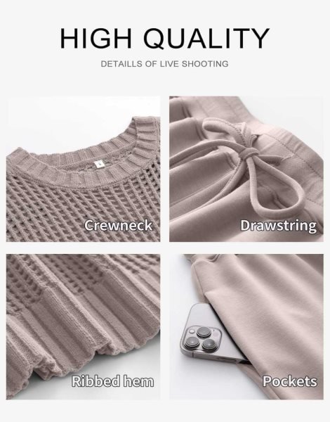 Women Two Piece Outfits Crochet Sheer Knit Sweater Top Wide Leg Pants Lounge Matching Sets Sweatsuit Travel Clothes