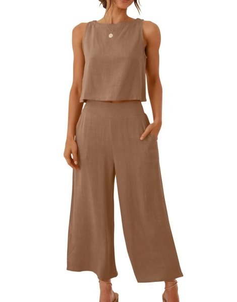 Sleeveless Tank Crop Button Back Top Cropped Pants Set With Pockets