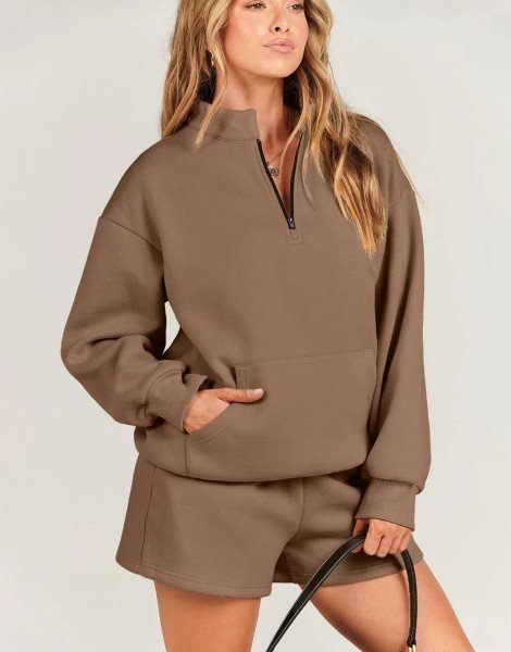Sweatsuit Oversized Half Zip Collared Sweatshirt & Short Lounge Wear Tacksuit Set