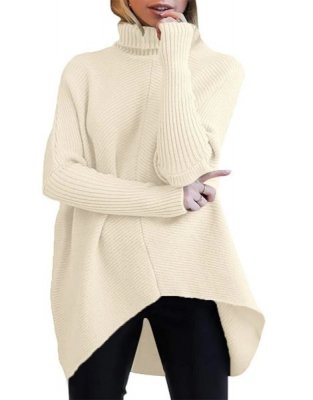 Womens Turtleneck Oversized Sweater 2023 Long Batwing Sleeve Asymmetric Hem Casual Knit Pullover Tunic Sweater