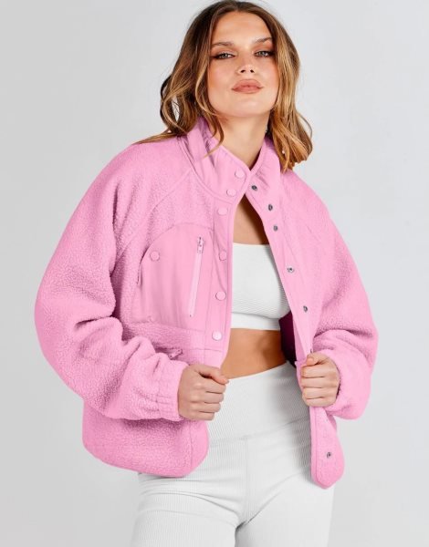 Womens Fleece Jacket Button Down Shacket Casual Sherpa Cropped Coats Warm Outwear with Pockets