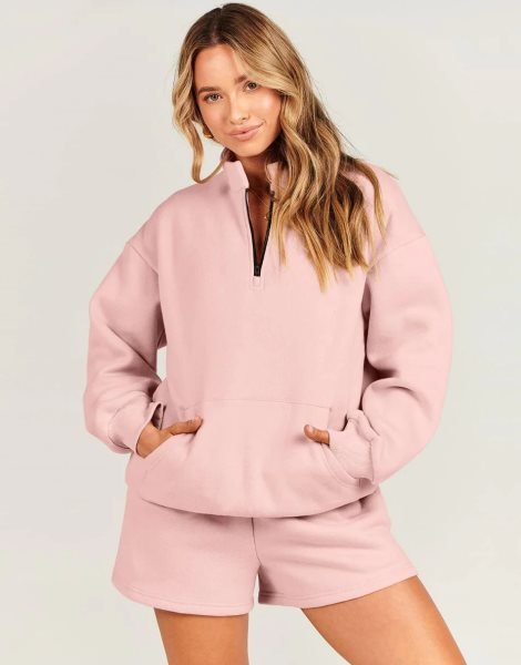 Sweatsuit Oversized Half Zip Collared Sweatshirt & Short Lounge Wear Tacksuit Set