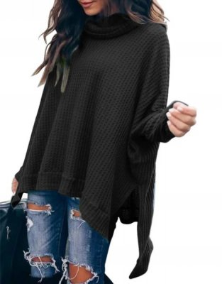 Turtleneck Hem Side Slit Waffle Knit Oversized Sweater